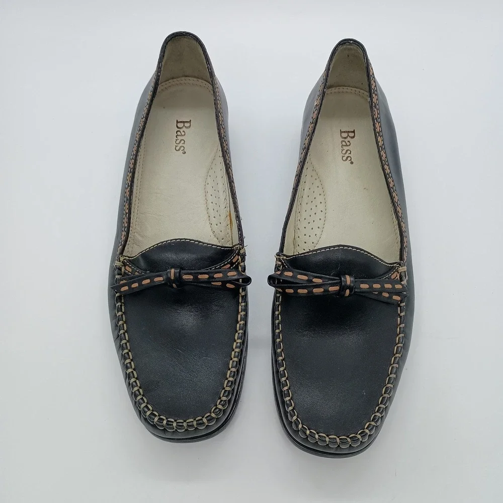 Bass Romana Black‎ Leather Bow Loafers Flats Shoes Womens 8M Made in Brazil